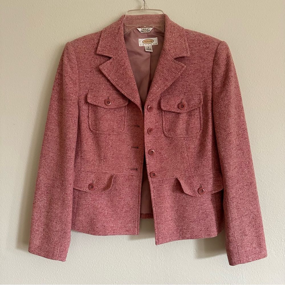 VTG TALBOTS Pink Tweed Jacket Sz Petite 6 Wool Silk Blend Office Preppy Classic
